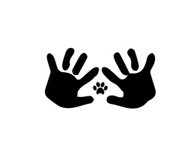 Animal pawprint inside of the frame made of baby handprints. Black and white vector illustration, logo, icon.