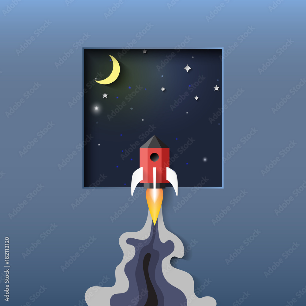 Poster rocket ship icon to space paper art style.business start up concept design.vector illustration.