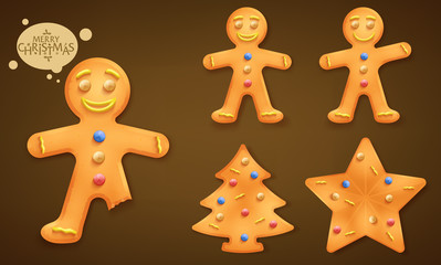 3D Smiling Brown  Gingerbead Man, Christmas Tree and Star Cookies Set for Children this Coming Christmas Holiday Season in Brown Vignette Background. Vector Illustration
