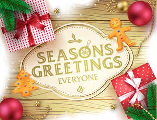 Christmas Seasons Greatings Decorative Greeting Poster in Brown Wooden Background with Snow, Christmas Balls Gifts, Ginger Bread and Pine Leaves For Holiday Season. Vector Illustration   © AmazeinDesign