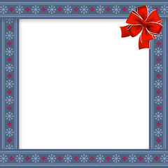 Cute Christmas frame with Christmas snow flakes pattern on blue background. Vector illustration, template, border.