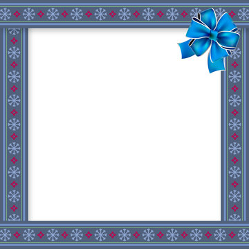 Cute Christmas frame with Christmas snow flakes pattern on blue background. Vector illustration, template, border.