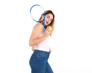 Young cute girl with tennis racket, isolated  