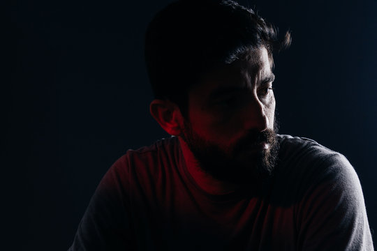 Dramatic Portrait Of Bearded Man. Concept Of Sadness, Depression, Alert