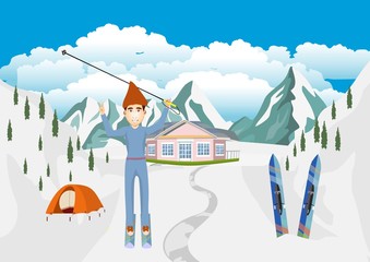 Boy skating in the mountains, winter vector scene.