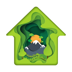 Green house with nature landscape abstract paper art background.Ecology and environment conservation with nature concept.Vector illustration.