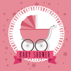 baby shower greeting card with a pink carriage vector illustration graphic design