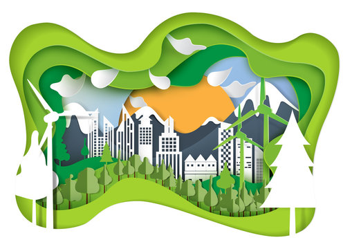 Nature landscape and green eco city concept.Paper carve of environment conservation conceptual design paper art style.Vector illustration.
