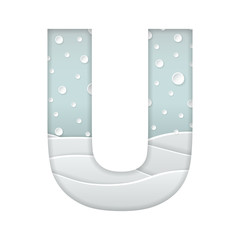 color vector illustration of paper art cut letter U with winter landscape with multi layers and shadows effect isolated on white background