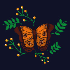 cute butterfly with leaves berries exotic fashion embroidery vector illustration