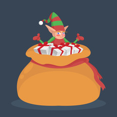 A little elf is sitting in a sack with gifts