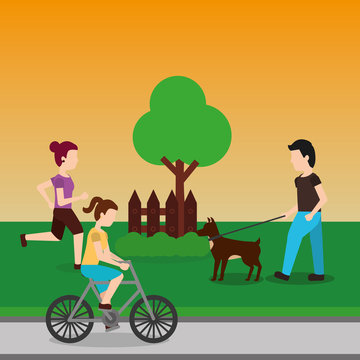 people in the park running ride bicycle and walking the dog vector illustration