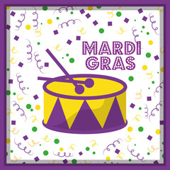 mardi gras drum and sticks confetti decoration card vector illustration