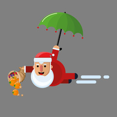 Santa Claus is flying with an umbrella and pouring gifts from the cornucopia for Christmas and New Year! Vector. Flat style.