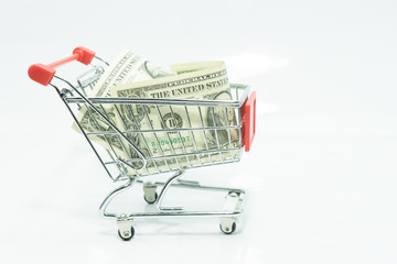 Concept dollar money banknotes in a shopping trolley on isolated white