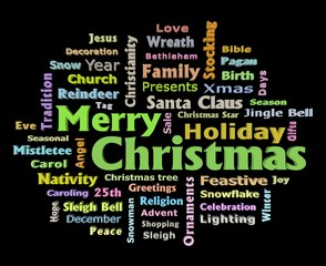 Merry Christmas 3D texts greetings word cloud front view isolated on black background