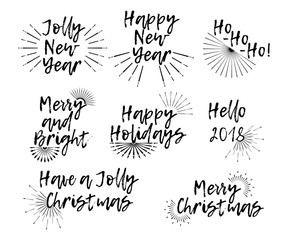 Set of Merry Christmas card with calligraphy text and sunburst. Template for Greetings, Congratulations, Housewarming posters, Invitations, Photo overlays. Vector illustration