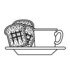 coffee cup and bread slices on dish in monochrome silhouette on white background vector illustration