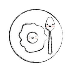 kawaii fried egg and spoon on dish in monochrome blurred silhouette vector illustration