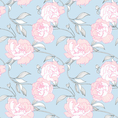 Seamless pattern, hand drawn pink Peony flowers on blue background