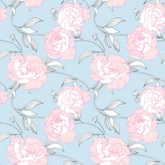 Poster Seamless pattern, hand drawn pink Peony flowers on blue background © momosama