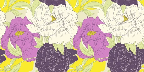 Rolgordijnen Seamless pattern, hand drawn pink, white and purple Peony flowers on yellow background © momosama