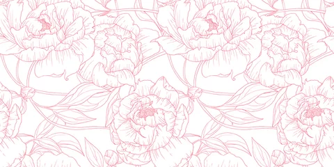 Fotobehang Naadloze patroon, hand getrokken schets roze pioenroos bloemen op witte achtergrond © momosama