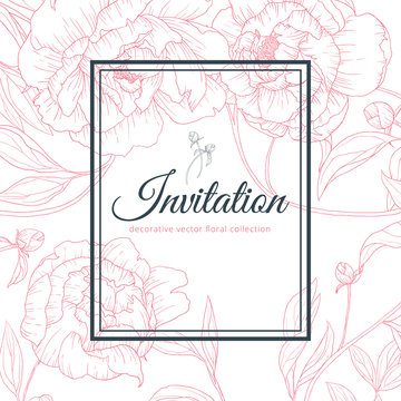 Hand drawn pink Peony flowers with leaves and black rectangle frame, invitation card design
