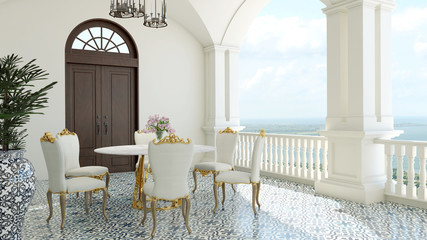 3d render from imagine classic luxury balcony sea view  Italy Mediterranean dining
