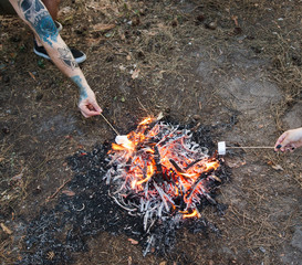 Picnic couple tourism bonfire concept. Unity with nature. Hiking spirit. Time for marshmallow.