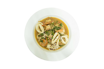 fried squid basil in white plate