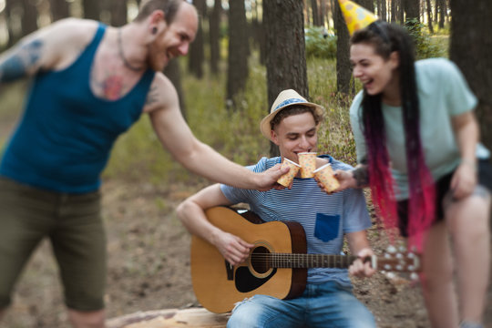 Friends guitar music picnic party nature concept. Traveler lifestyle. Hiking happy moments.