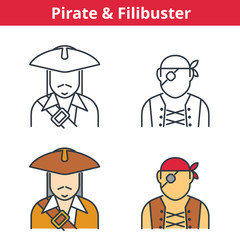 Flat and linear vector avatar set: pirat, capitain, filibuster. Outline human userpic collection. Colorful thin line face icons for user profiles, web design, social media and infographics.