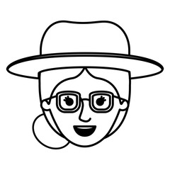 female face with glasses and hat and collected hair in monochrome silhouette vector illustration