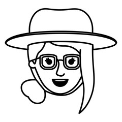 female face with glasses and hat and collected hair with fringe in monochrome silhouette vector illustration