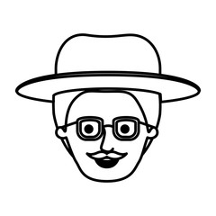 male face with hat and glasses and style handlebar moustache in monochrome silhouette vector illustration