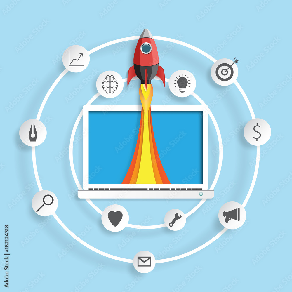 Poster Rocket ship icon from laptop.Paper art style of business start up strategy process concept design with circle of business icons.Vector illustration.