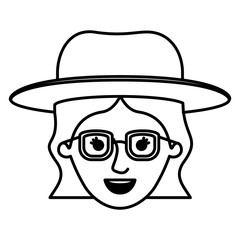 female face with glasses and hat and short wavy hair in monochrome silhouette vector illustration