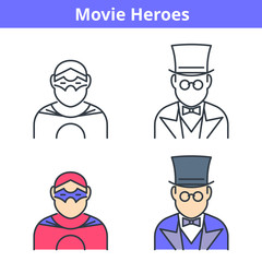 Flat and linear vector avatar set: movie and comics heroes. Superhero outline human userpic collection. Colorful thin line face icons for user profiles, web design, social media and infographics.