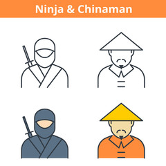 Flat and linear vector avatar set: ninja and chinaman. East Asian outline human userpic collection. Colorful thin line face icons for user profiles, web design, social media and infographics.