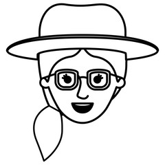 female face with glasses and hat and pigtail hairstyle in monochrome silhouette vector illustration