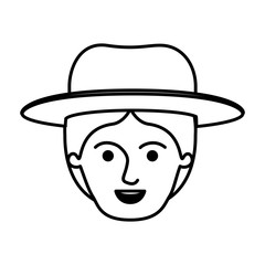 male face with short hair and hat in monochrome silhouette vector illustration