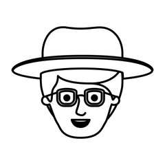 male face with glasses and fringe up hair and hat in monochrome silhouette vector illustration