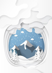 Snow and winter season nature landscape background paper art style.Vector illustration. 