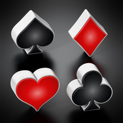 Playing card suits symbols standing on black background. 3D illustration