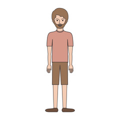 man full body with t-shirt and short pants and shoes with short hair and beard in colorful silhouette vector illustration