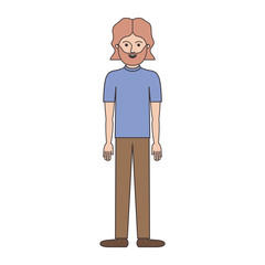 man full body with t-shirt and pants and shoes with mid length hair and beard on colorful silhouette vector illustration