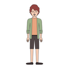 man full body with shirt and jacket and short pants and shoes with short wavy hair in colorful silhouette vector illustration