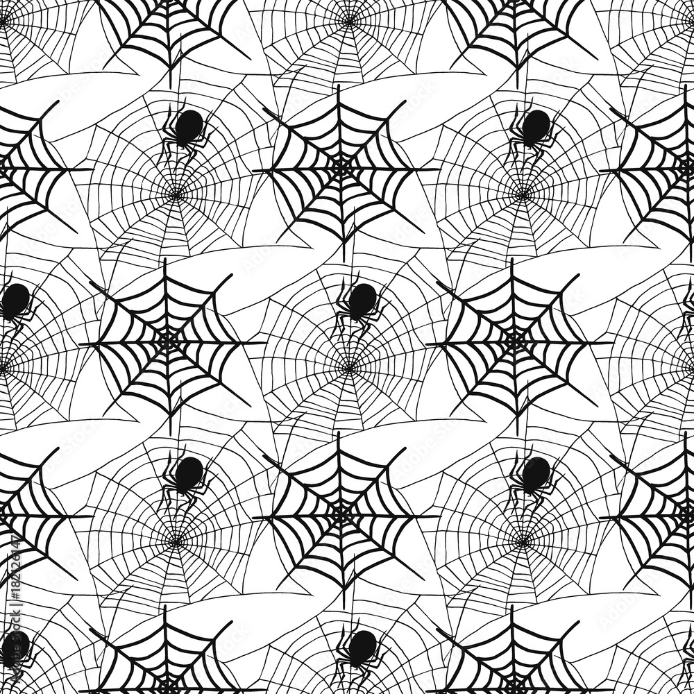 Wall mural spiders and spider web silhouette spooky seamless pattern background halloween vector cobweb decorat