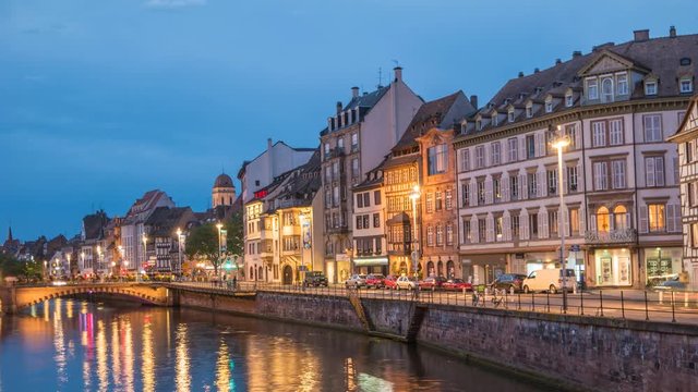 Strasbourg Half Timber House city skyline day to night timelapse, Strasbourg, France 4K Time lapse